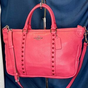 COACH Central Strawberry Pink Leather Enamel Studded Satchel Crossbody Bag